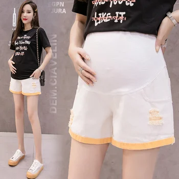 Buraco Branco Jeans Maternidade Shorts para Mulheres Grávidas roupas de Verão Quente Casual Curto Ajustável Barriga de Gravidez Curto vestuário