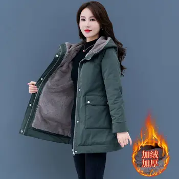 2022 Outono Inverno Novo de Veludo Espesso Casaco Quente de Mulheres coreano Solta de Algodão Casaco com Capuz de Cor Sólida Casual Feminino Parkas Outwear