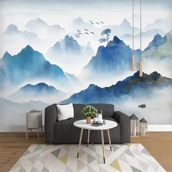 Milofi personalizados grande papel de parede mural novo estilo Chinês com tinta azul paisagem pássaro sala de estar resumo TV na parede do fundo