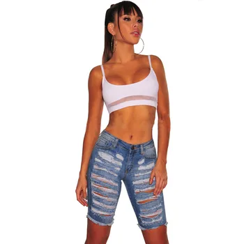 Verão Rasgado Short Jeans para Mulheres Comprimento do Joelho Magro Moda Streetwear Elasticidade Hip Hop Respirável Jeans Cinco Pontos Calças