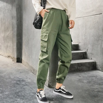 2019 cintura Alta calças soltas corredores de mulheres do exército harém de camo, calças de streetwear punk preto calças cargo das mulheres calças