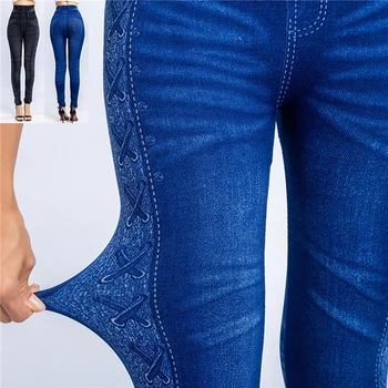 Mulheres 2020 Imitação Angustiado Jeans, Calças Casuais Cintura Alta Elástico Fino De Lápis, Calças De Treino De Fitness De Moda Legging