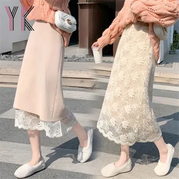Ambos Os Lados Desgaste Laço De Costura Do Elástico De Cintura Alta Midi Direto Saias Coreano Elegante, Limpo Sukienka Selvagem Fairycore Saia