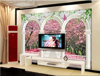 O 3D personalizado murais,Fantasy 3 d Europeu de flor de cerejeira cenário ,no sofá da sala de TV de parede o papel de parede de quarto