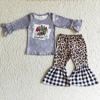 árvore de carro de manga longa e cheetah xadrez calça casual outono inverno de roupas de bebê menina de duas peças de roupa roupas infantis
