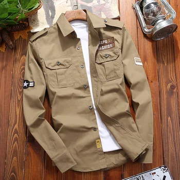 Camisas masculinas Militar, Camisa de Algodão Cáqui Casual Retrô Slim Fit com Bolso Manga Longa Vintage Jaqueta de Streetwear Drop Shipping