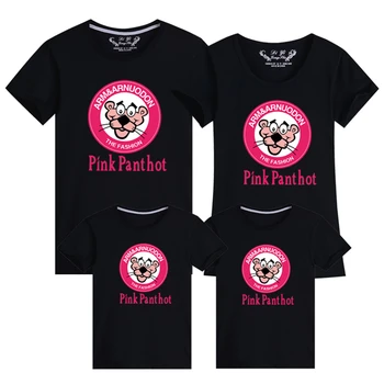 Verão Cor Pai-filho Camiseta Cartoon Impressão de Streetwear da Base de dados de Pantera cor de Rosa de Manga Curta T-Shirt Crianças Tops Roupas Casuais