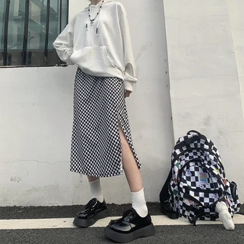 Ferramentas Harajuku Streetwear Diablo Estilo As Mulheres De Saia Vintage Xadrez Dividir Garfo Design De Cintura Alta De Uma Linha Solta Casual, Saia Longa